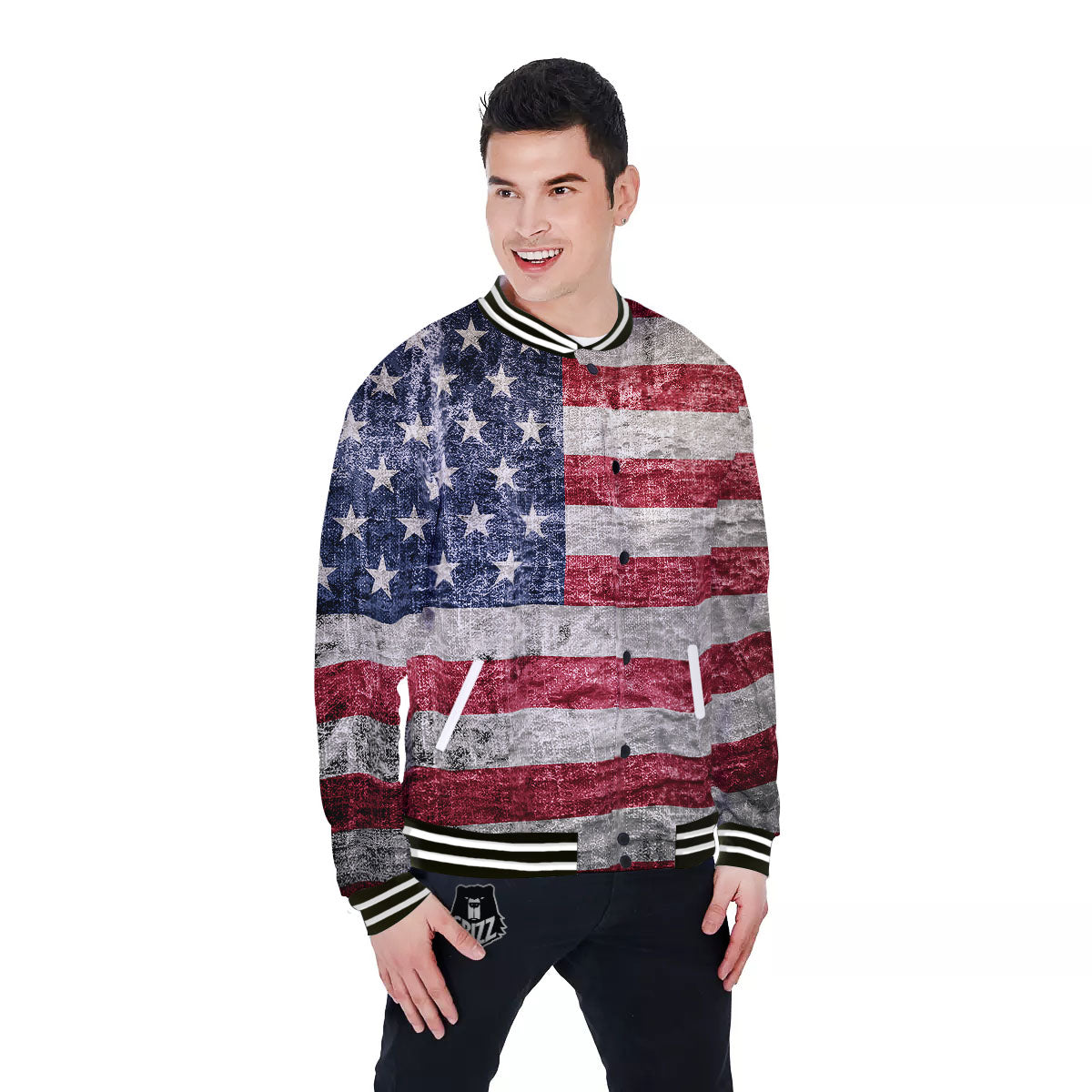 American Flag Grunge Print Baseball Jacket-grizzshop