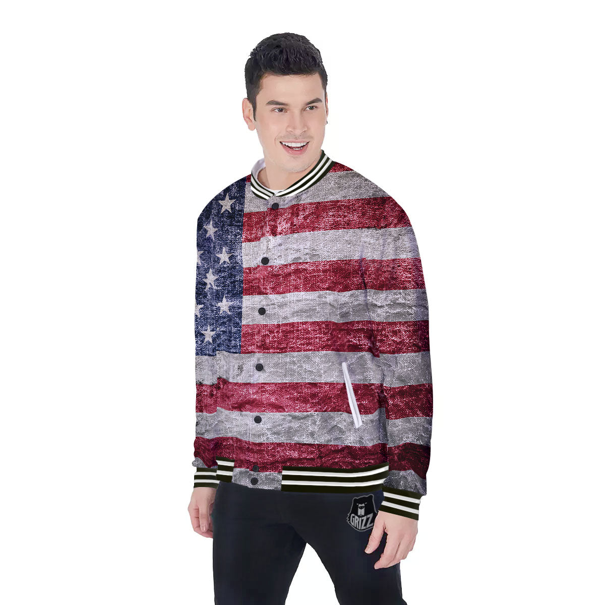 American Flag Grunge Print Baseball Jacket-grizzshop
