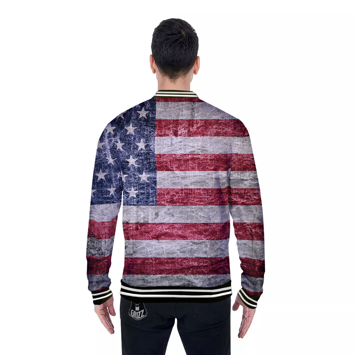 American Flag Grunge Print Baseball Jacket-grizzshop
