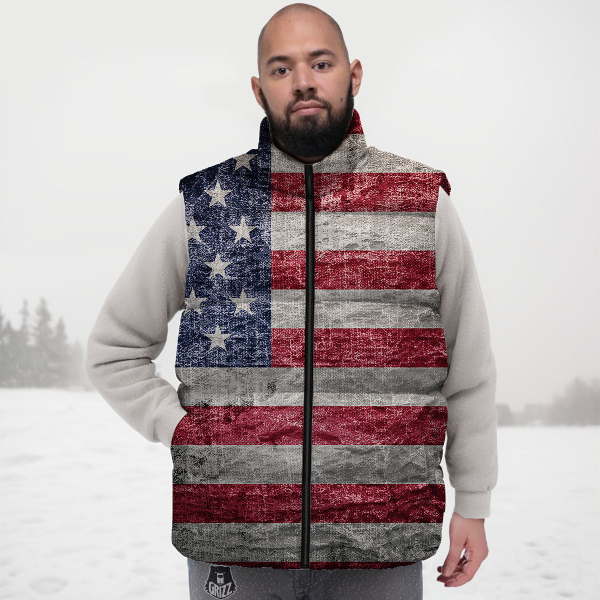 American Flag Grunge Print Down Vest