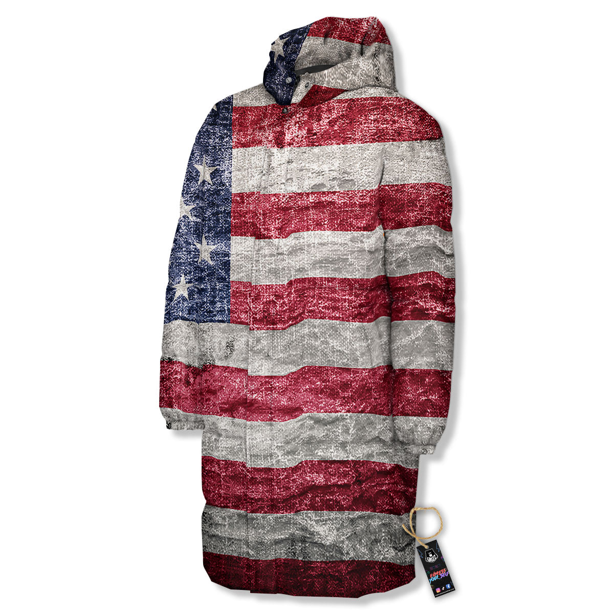 American Flag Grunge Print Long Down Jacket-grizzshop