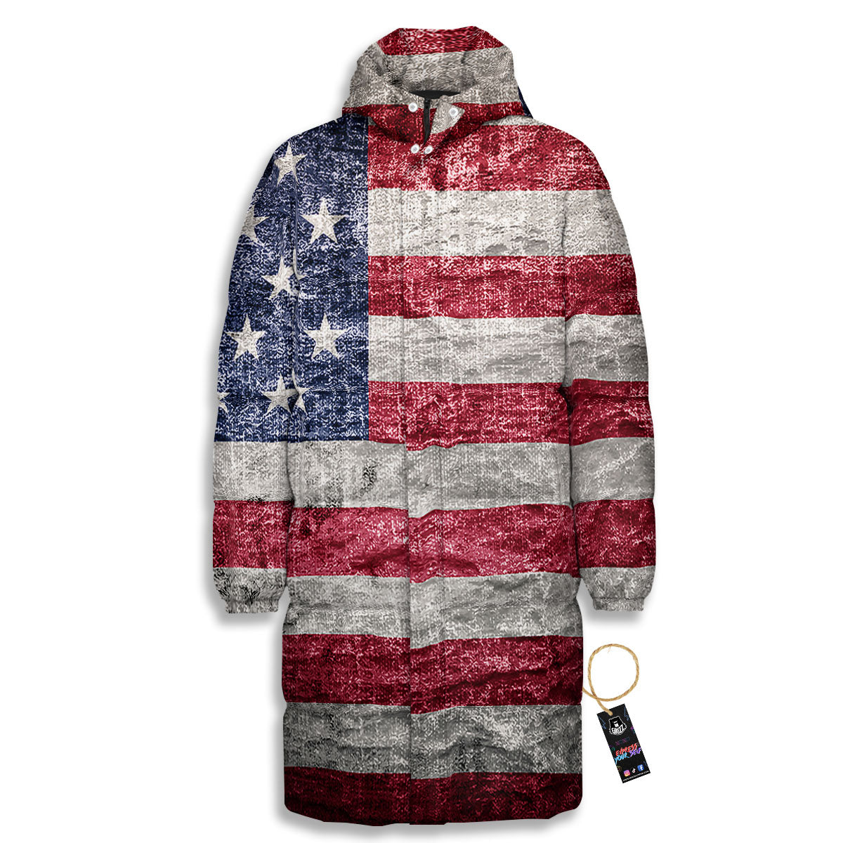 American Flag Grunge Print Long Down Jacket-grizzshop