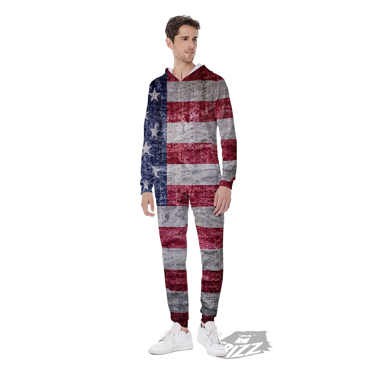 American Flag Grunge Print Men's Jumpsuit-grizzshop