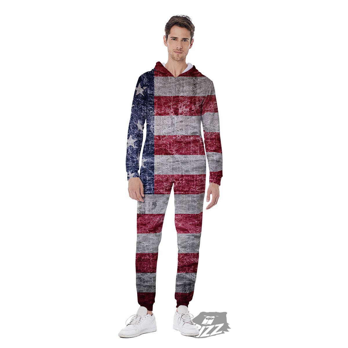 American Flag Grunge Print Men's Jumpsuit-grizzshop