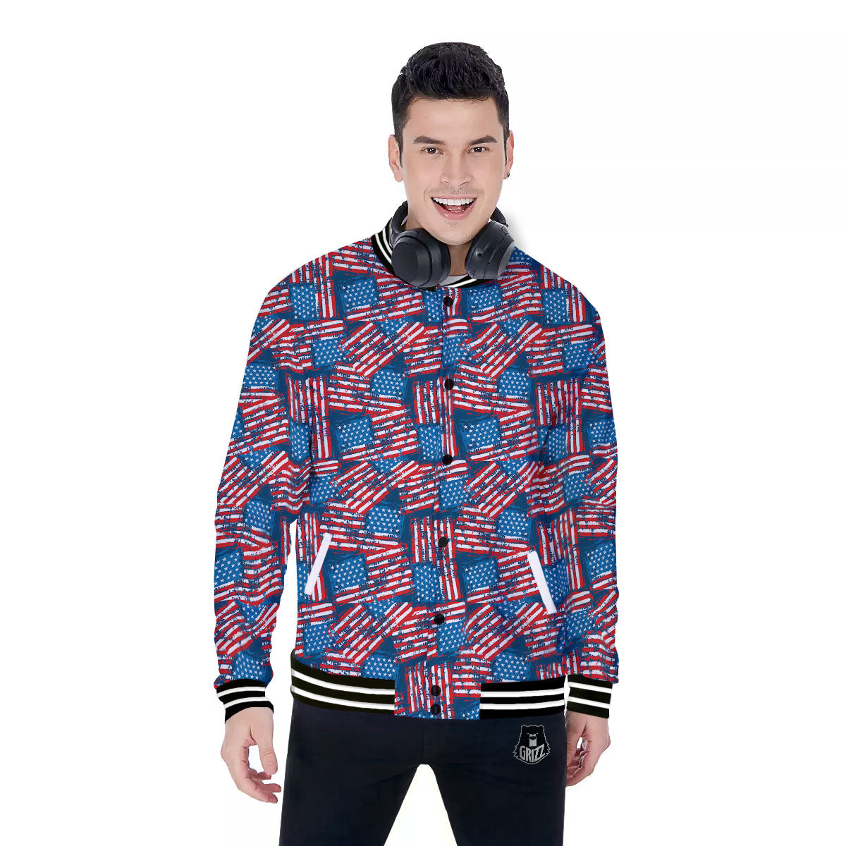American Flag Grunge Print Pattern Baseball Jacket-grizzshop