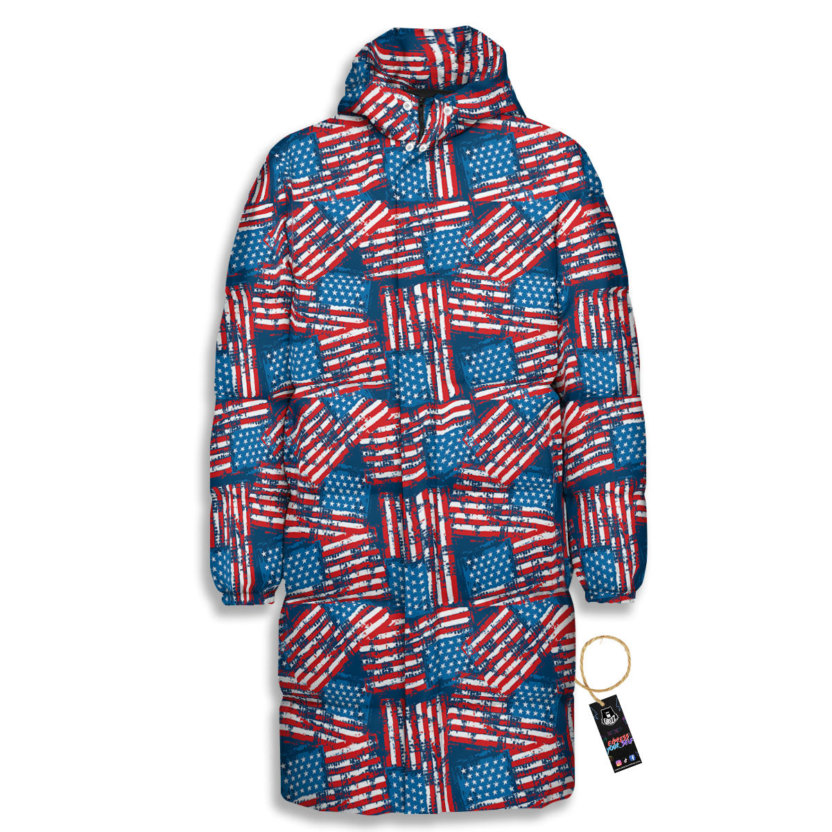 American Flag Grunge Print Pattern Long Down Jacket-grizzshop