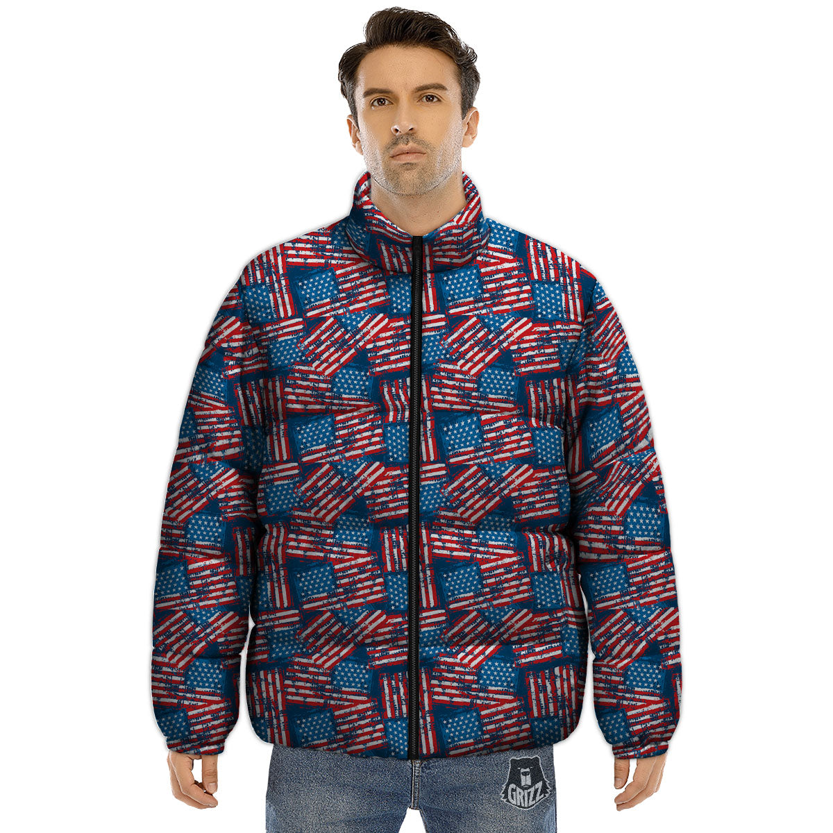 American Flag Grunge Print Pattern Puffer Jacket-grizzshop