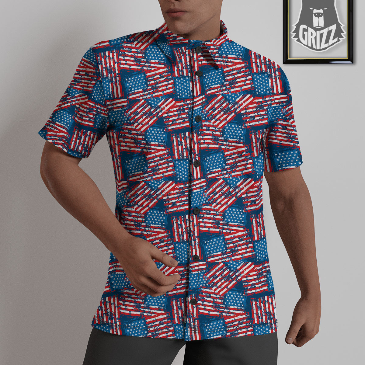 American Flag Grunge Print Pattern Untucked Shirts-grizzshop
