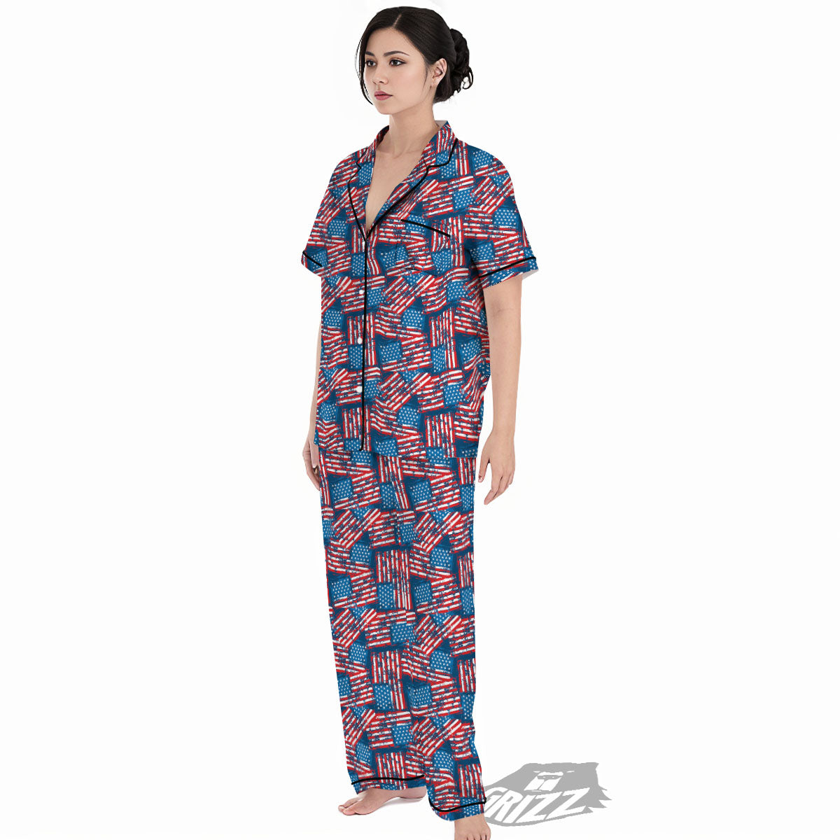 American Flag Grunge Print Pattern Women's Pajamas Set-grizzshop
