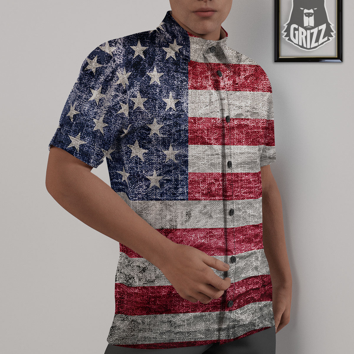 American Flag Grunge Print Untucked Shirts-grizzshop
