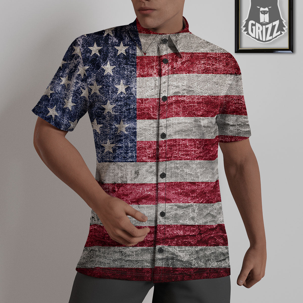 American Flag Grunge Print Untucked Shirts-grizzshop
