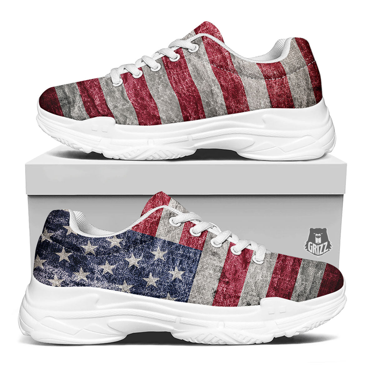 American Flag Grunge Print White Chunky Shoes-grizzshop