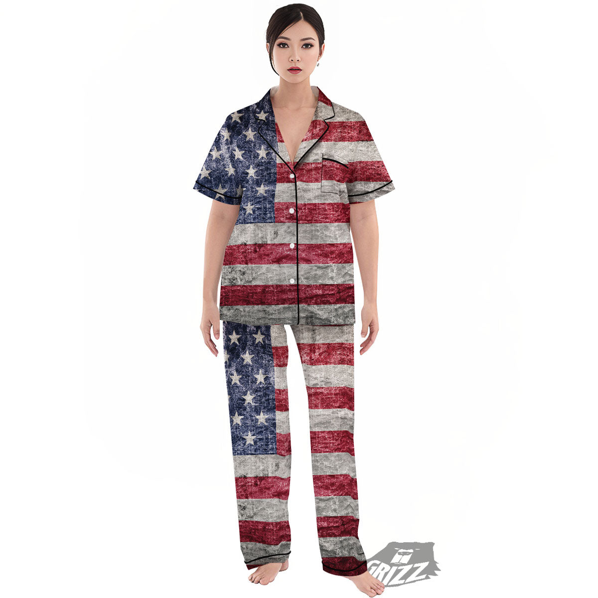 American Flag Grunge Print Women's Pajamas Set-grizzshop