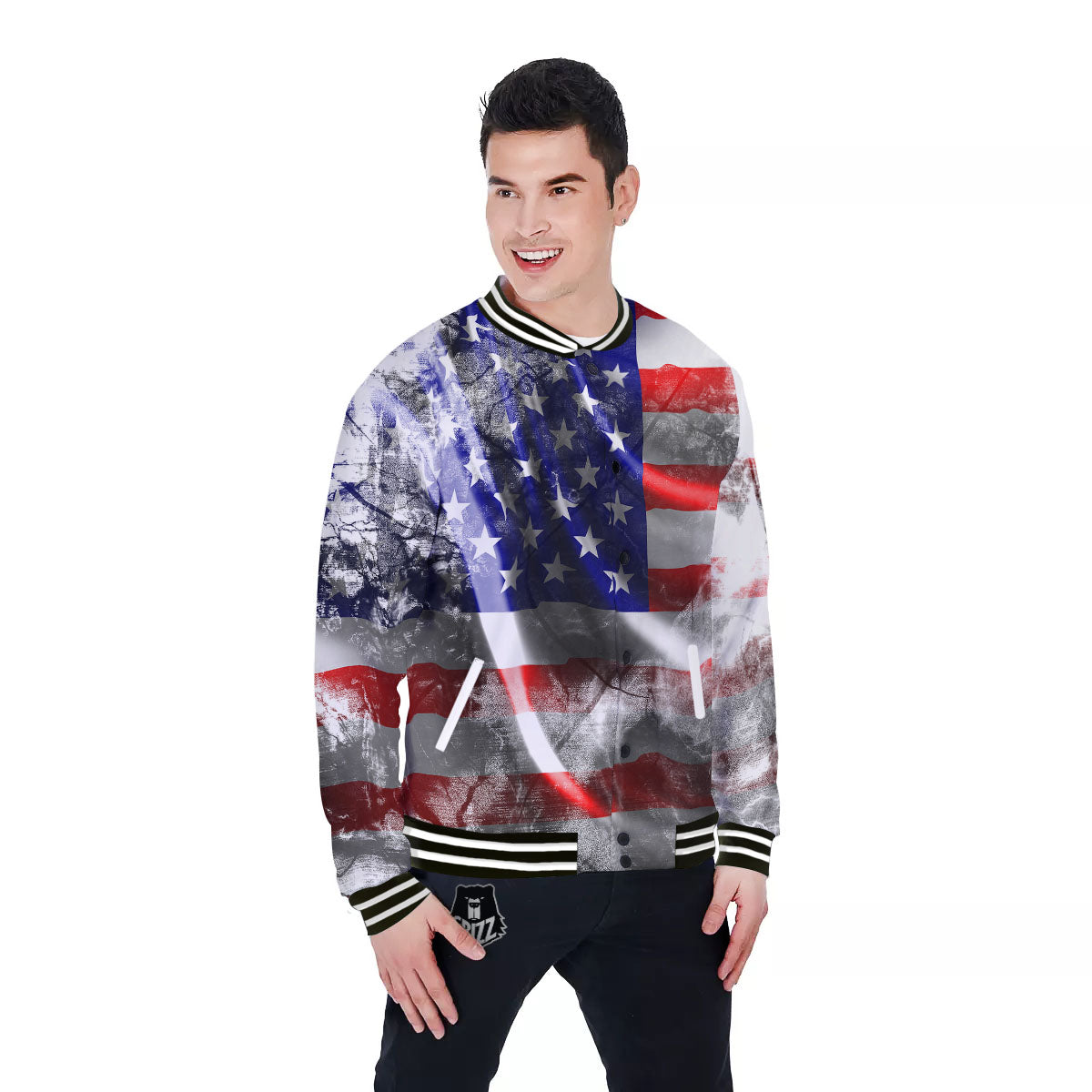 American Flag Grunge Ripped Paper Print Baseball Jacket-grizzshop