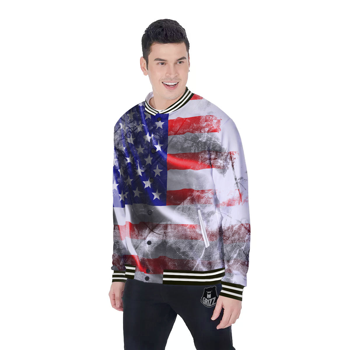 American Flag Grunge Ripped Paper Print Baseball Jacket-grizzshop