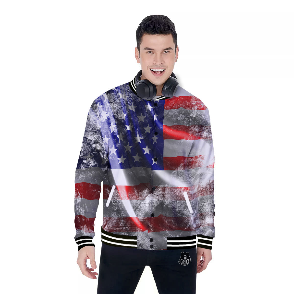 American Flag Grunge Ripped Paper Print Baseball Jacket-grizzshop
