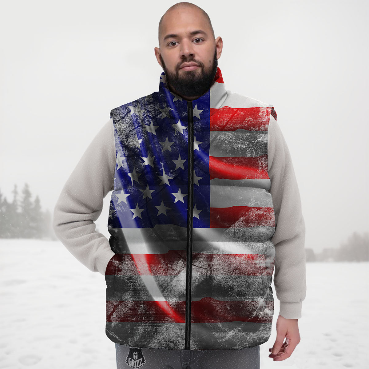 American Flag Grunge Ripped Paper Print Down Vest