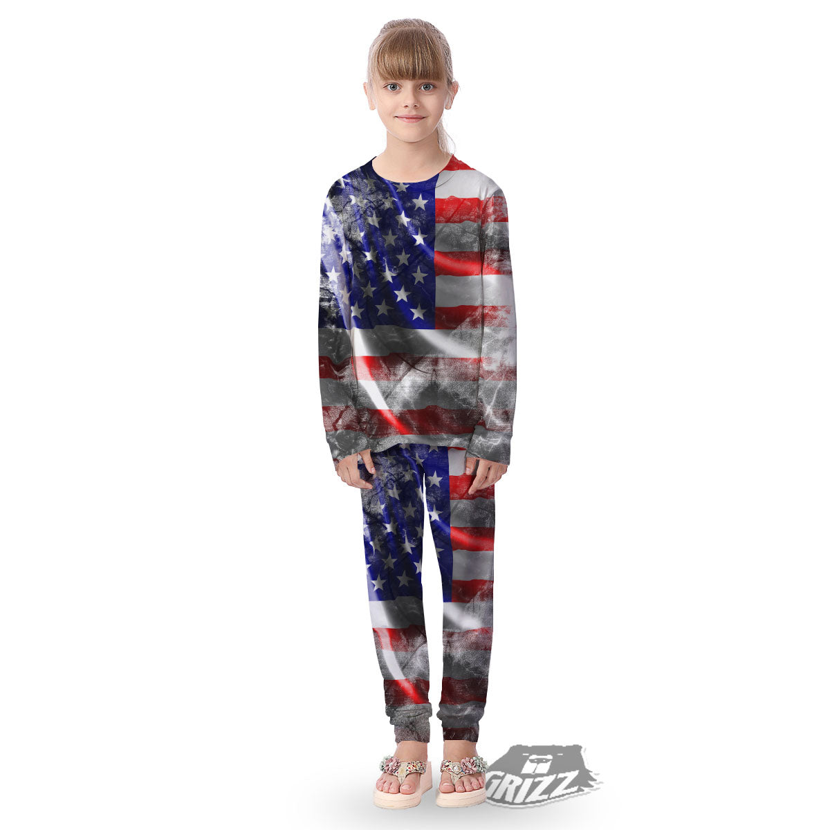 American Flag Grunge Ripped Paper Print Kid's Pajamas-grizzshop