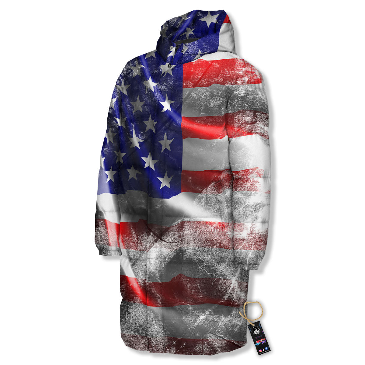 American Flag Grunge Ripped Paper Print Long Down Jacket-grizzshop