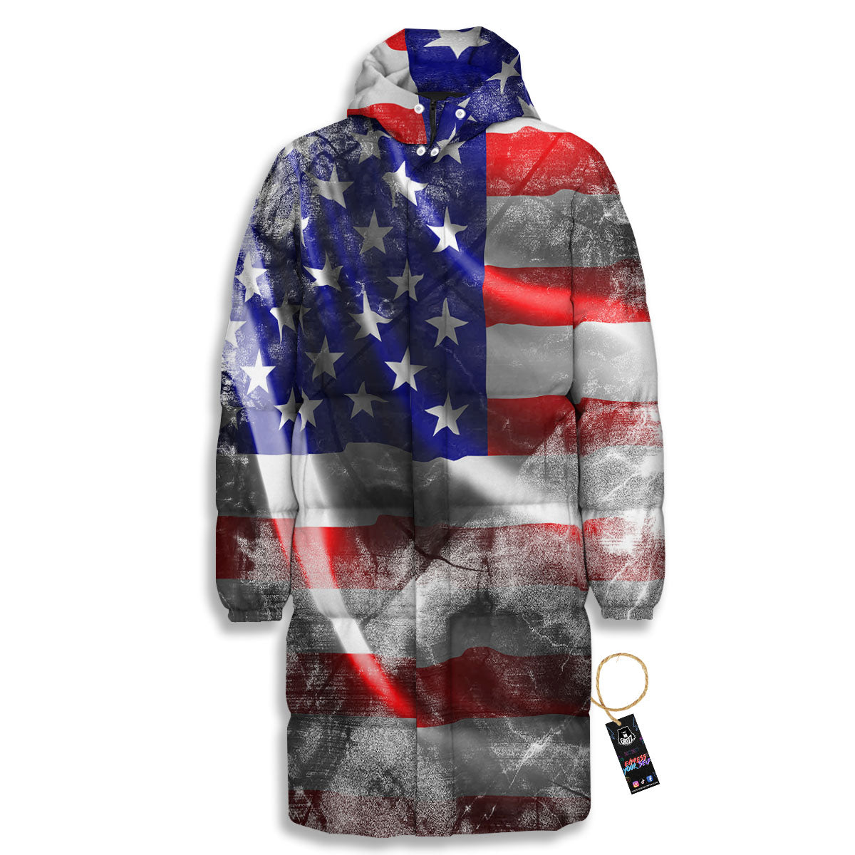 American Flag Grunge Ripped Paper Print Long Down Jacket-grizzshop