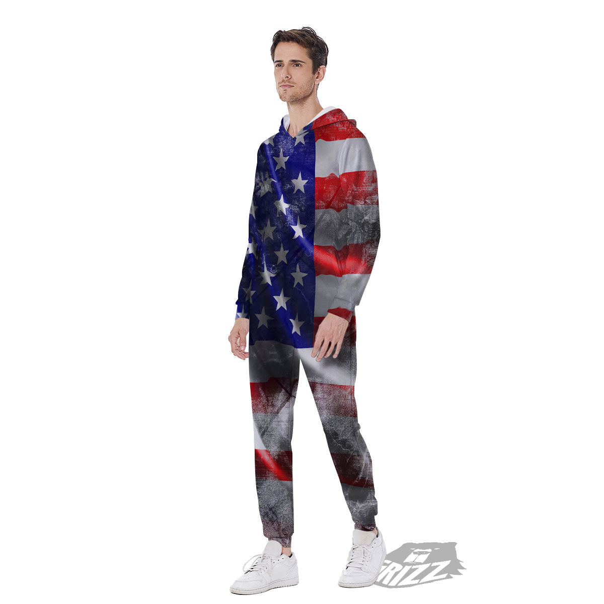 American Flag Grunge Ripped Paper Print Men's Jumpsuit-grizzshop