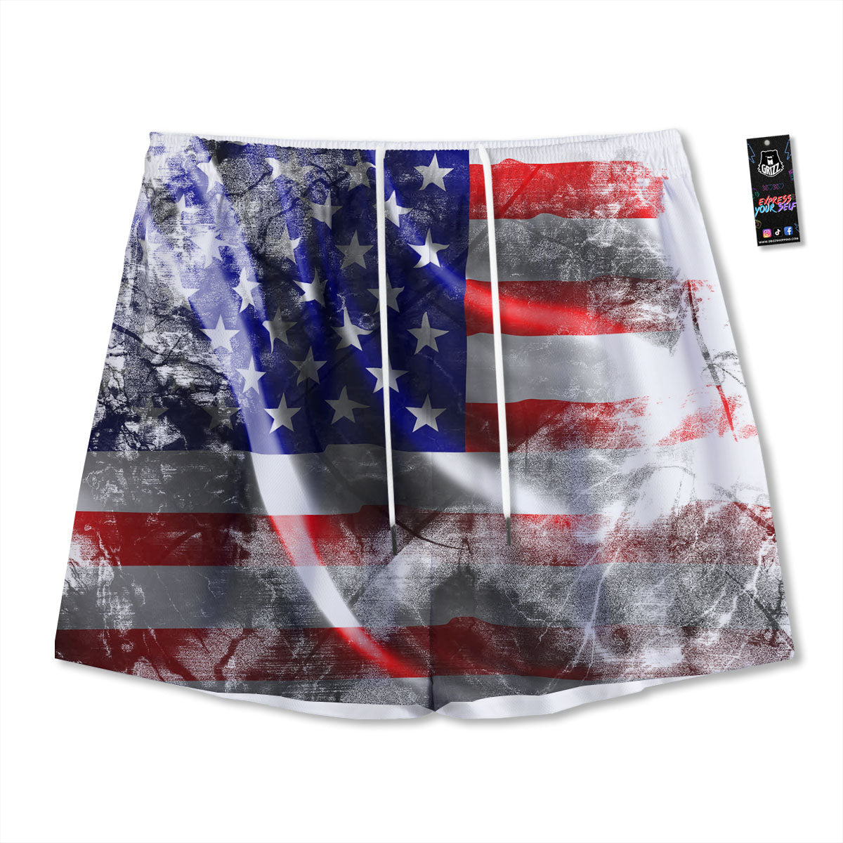 American Flag Grunge Ripped Paper Print Mesh Shorts