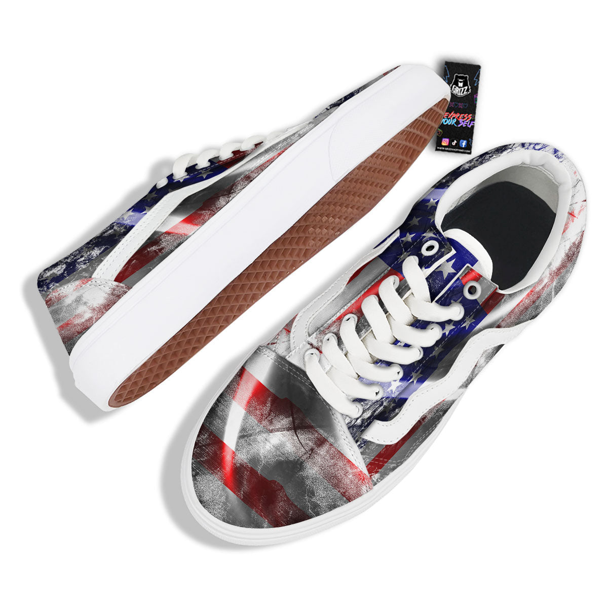 American Flag Grunge Ripped Paper Print Skate Shoes-grizzshop