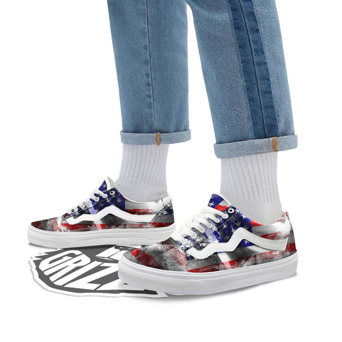 American Flag Grunge Ripped Paper Print Skate Shoes-grizzshop