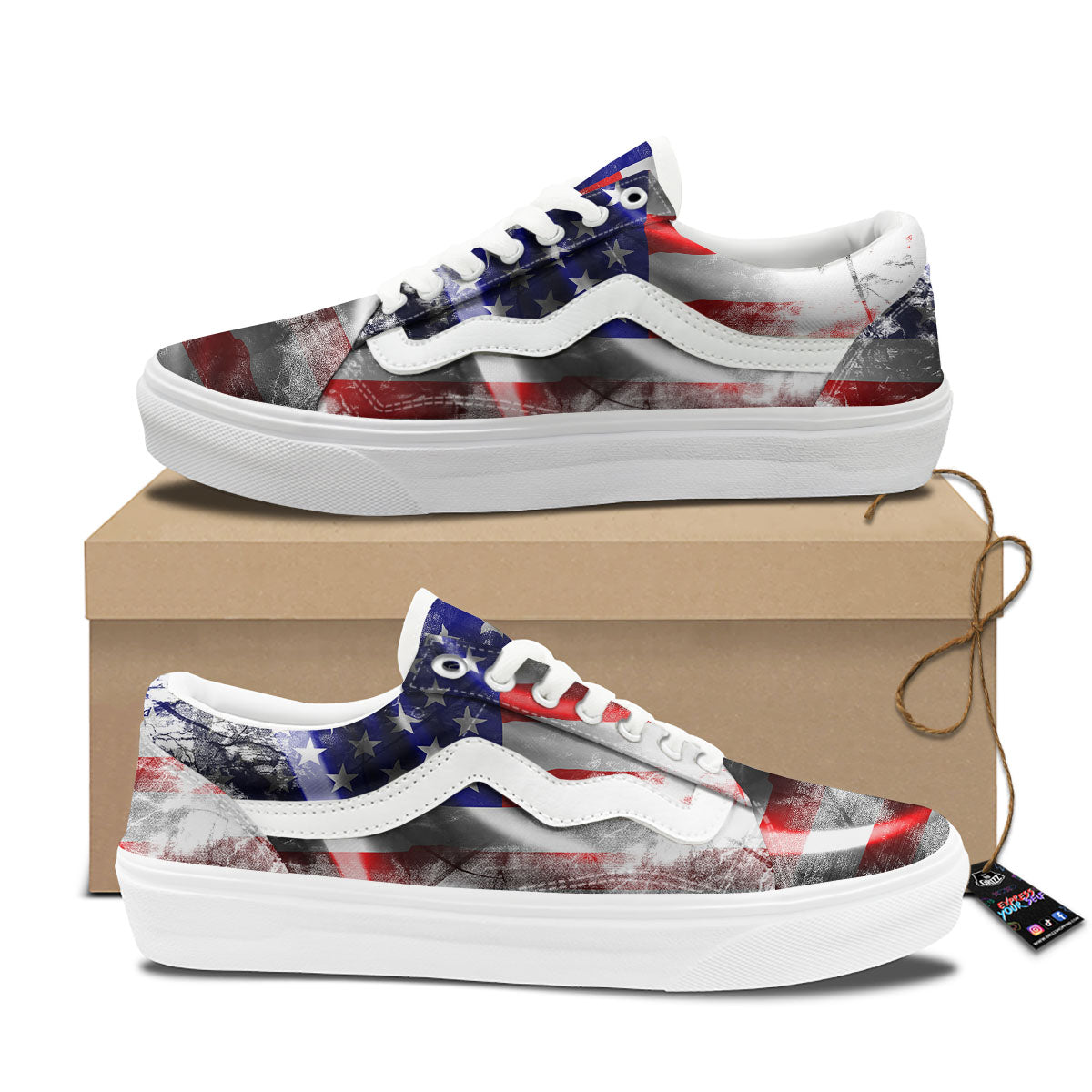 American Flag Grunge Ripped Paper Print Skate Shoes-grizzshop