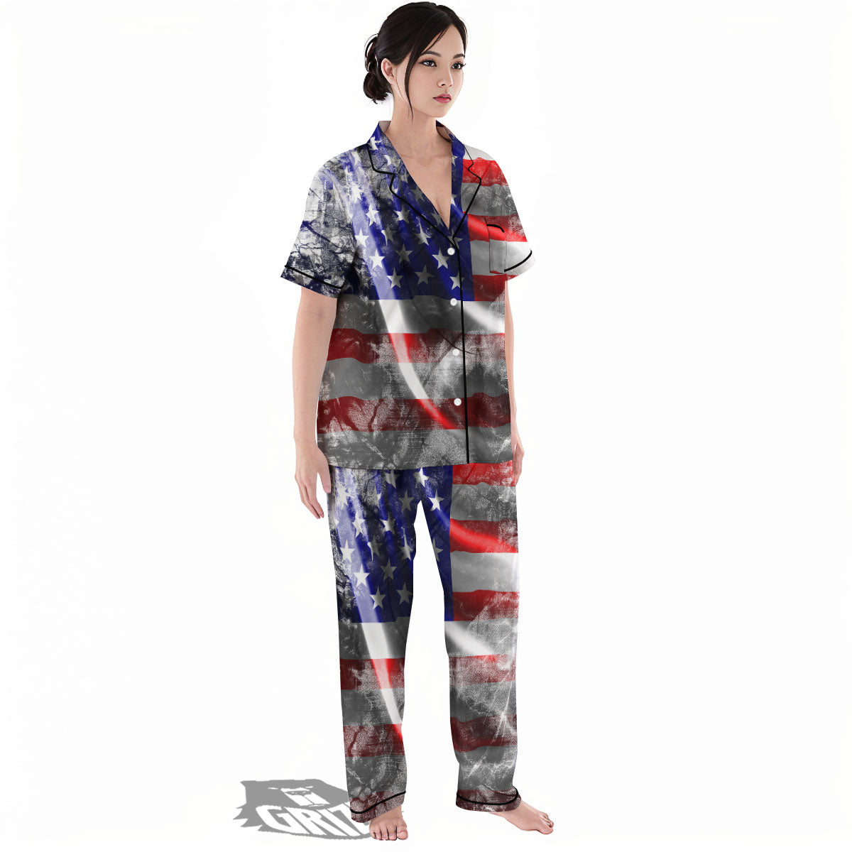 American Flag Grunge Ripped Paper Print Women's Pajamas Set-grizzshop