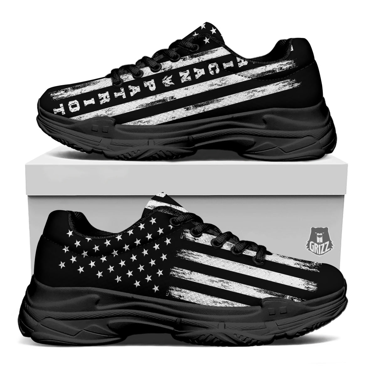 American Flag Grunge White And Black Print Black Chunky Shoes-grizzshop