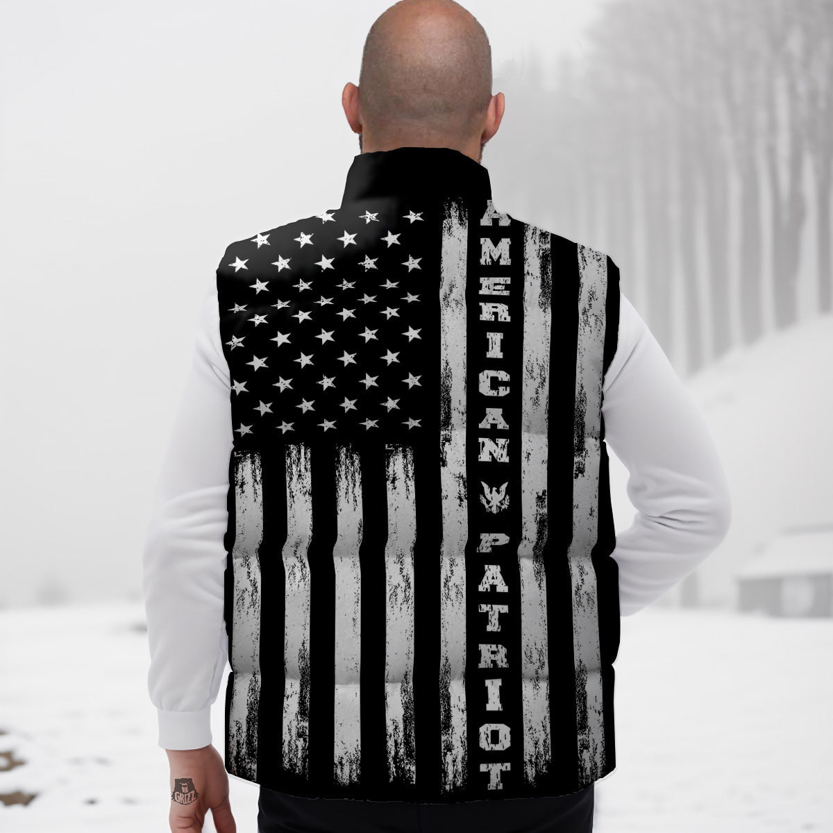 American Flag Grunge White And Black Print Down Vest