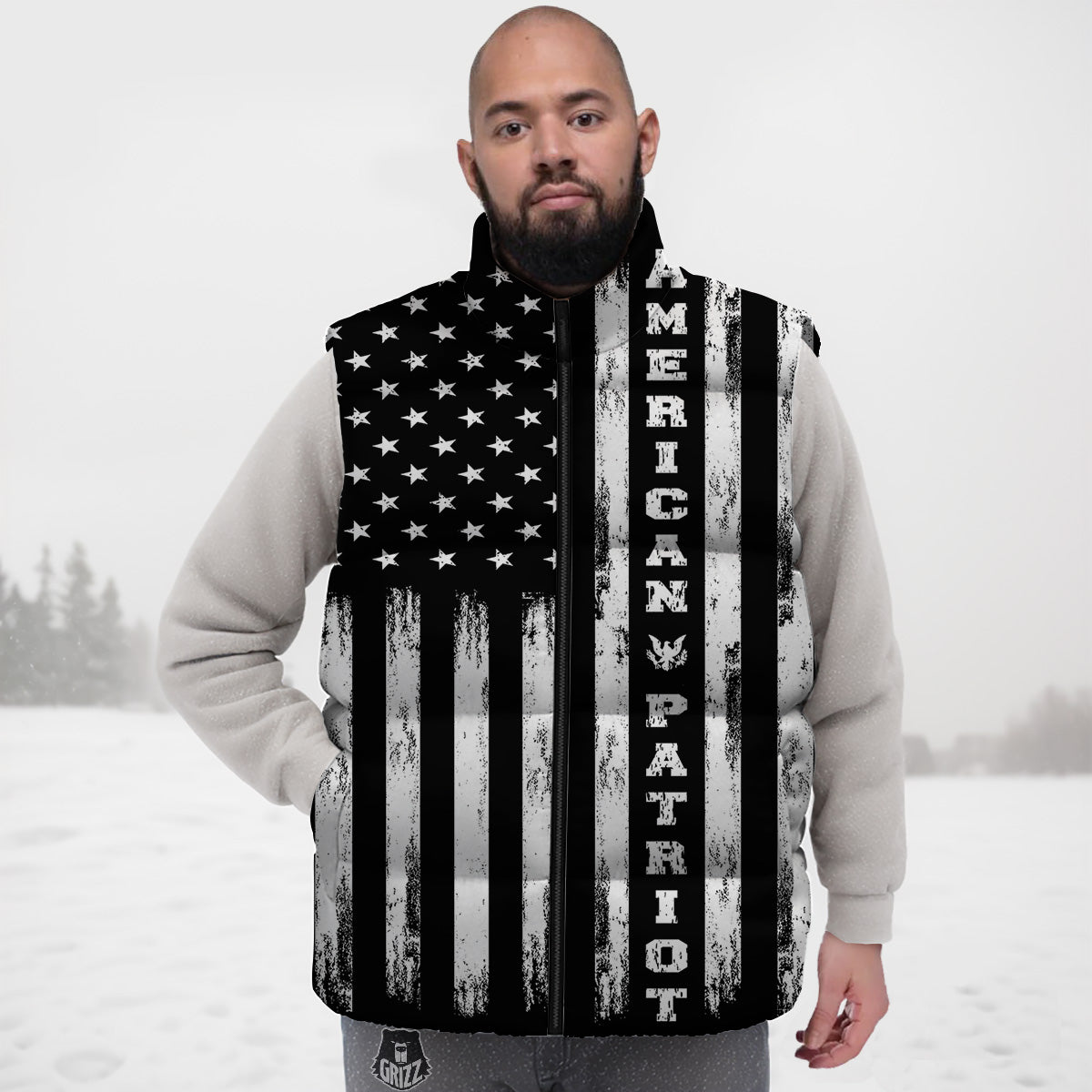 American Flag Grunge White And Black Print Down Vest