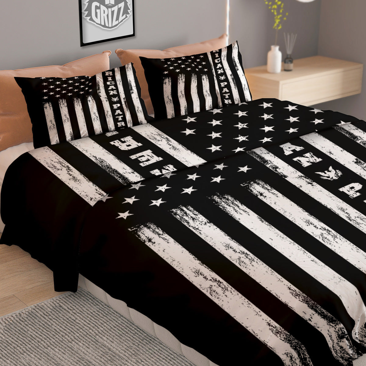 American Flag Grunge White And Black Print Duvet Cover Bedding Set