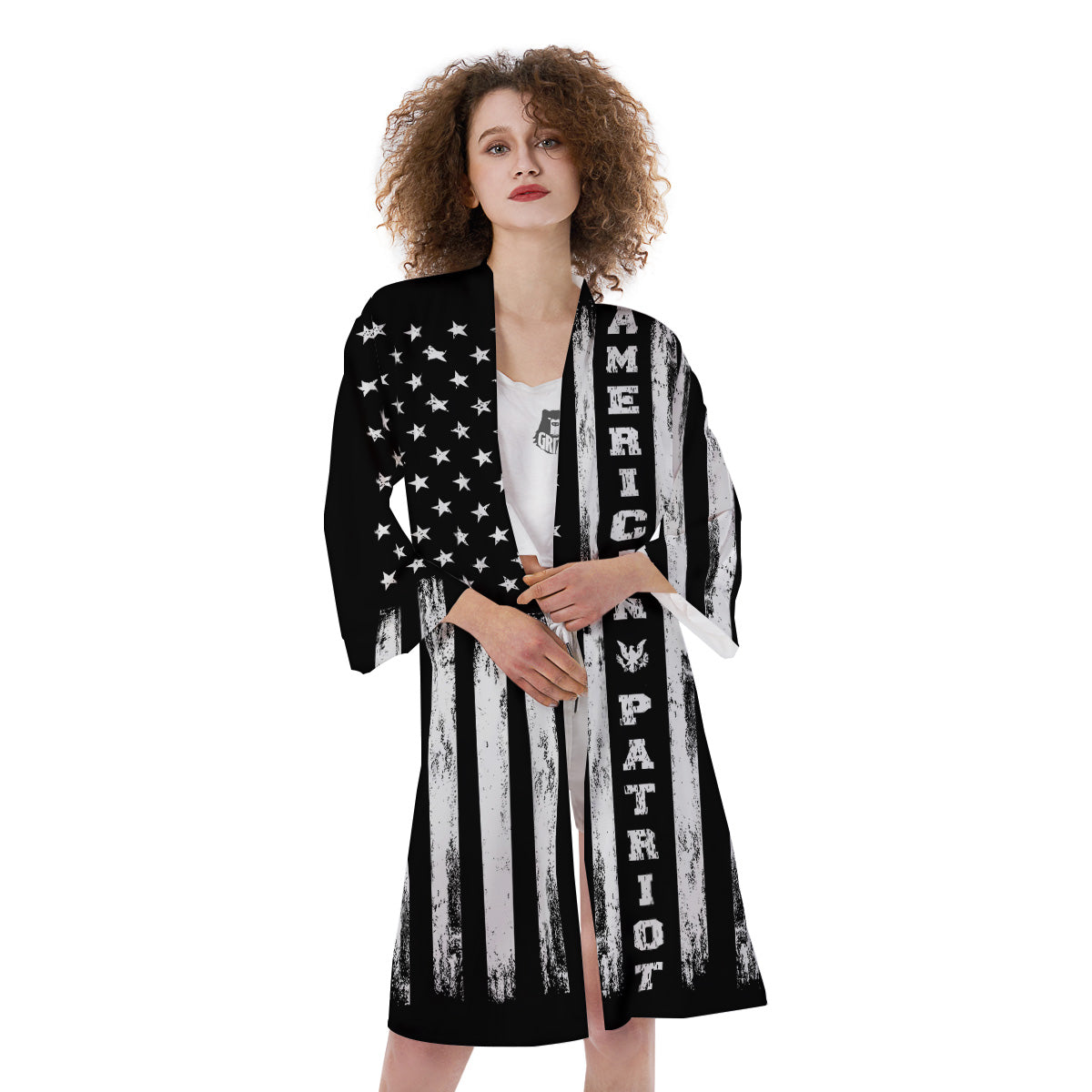 American Flag Grunge White And Black Print Kimono-grizzshop