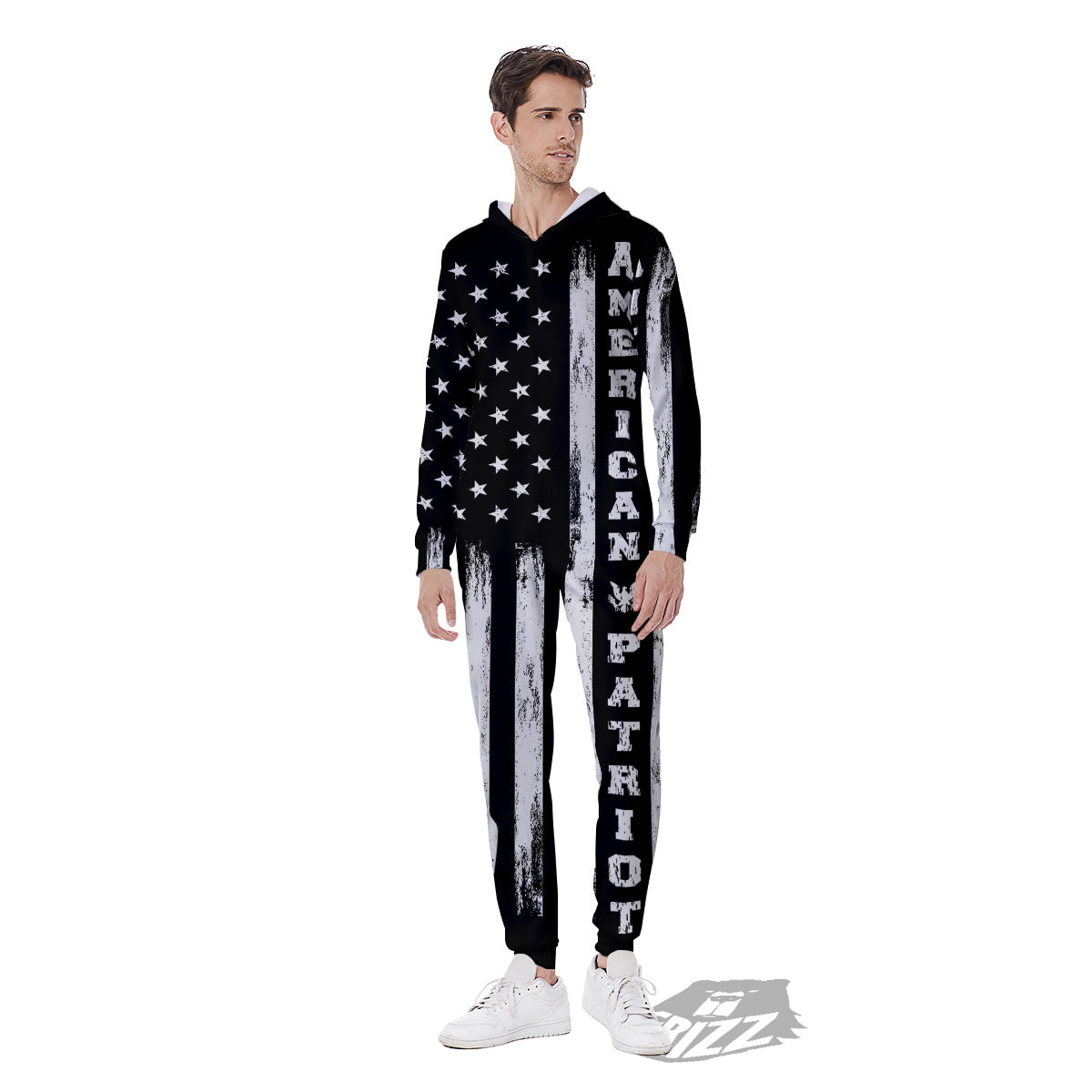American Flag Grunge White And Black Print Men's Jumpsuit-grizzshop