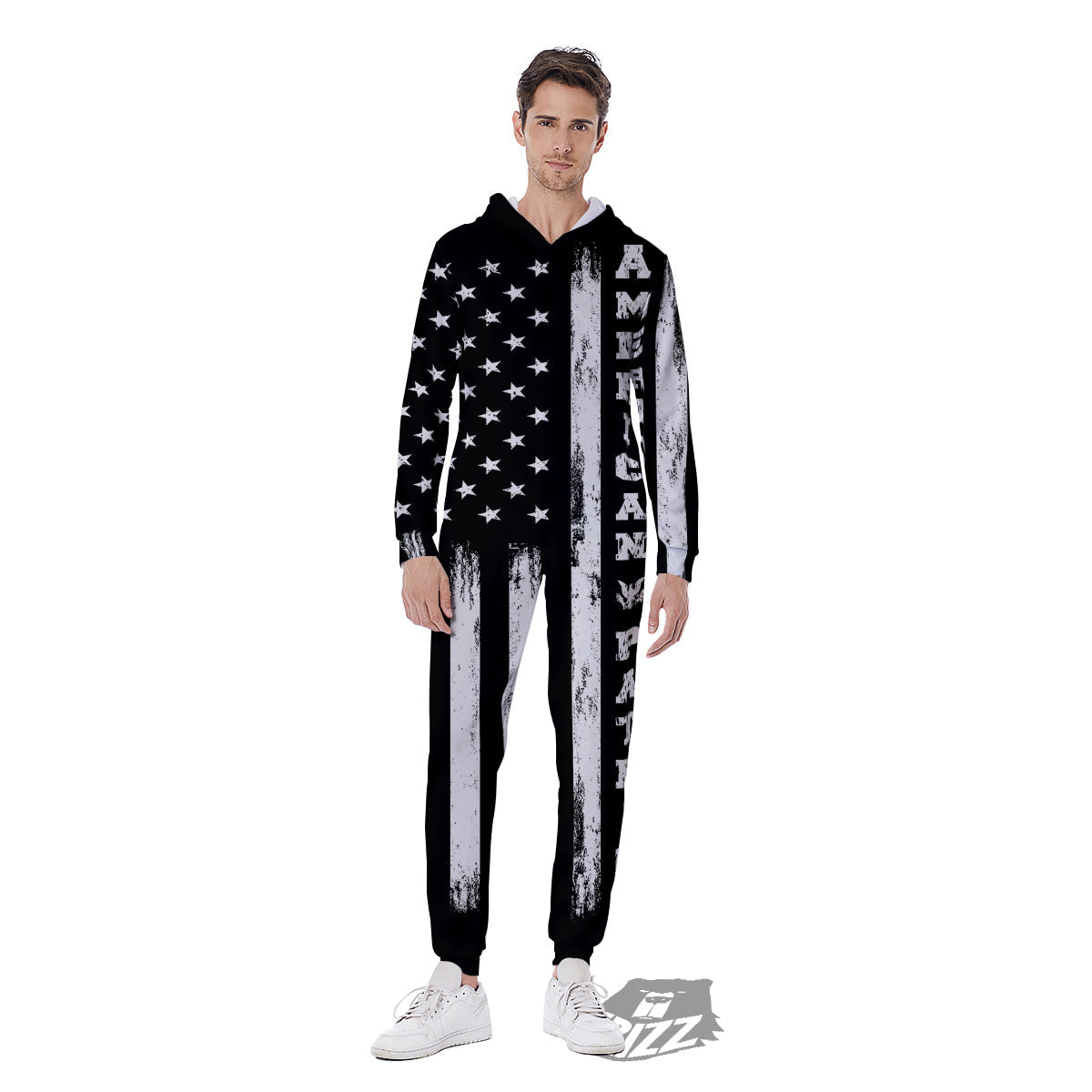 American Flag Grunge White And Black Print Men's Jumpsuit-grizzshop