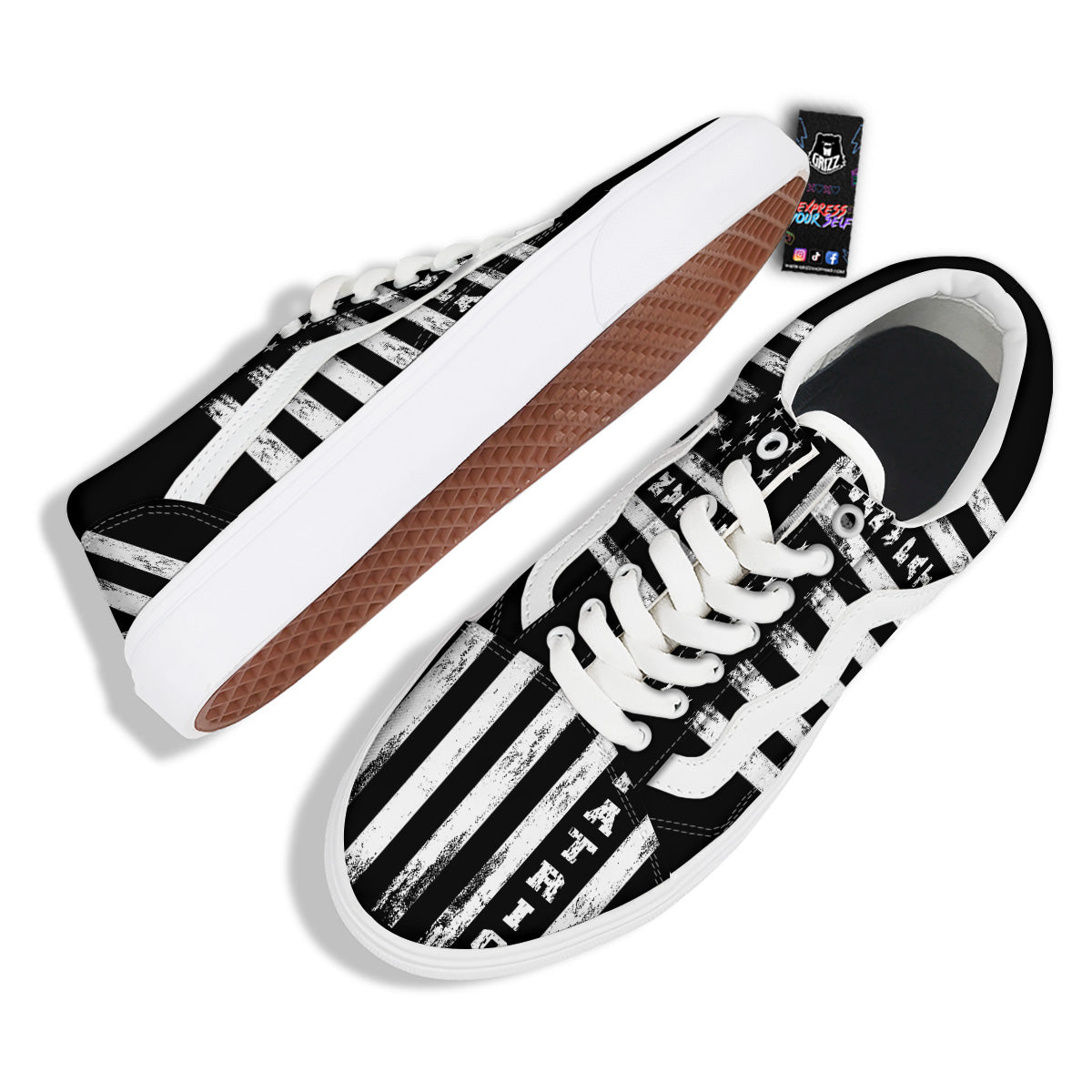 American Flag Grunge White And Black Print Skate Shoes-grizzshop