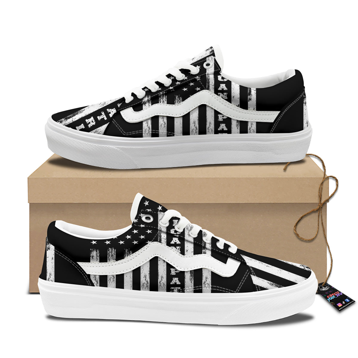 American Flag Grunge White And Black Print Skate Shoes-grizzshop