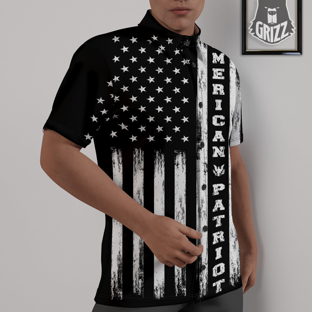 American Flag Grunge White And Black Print Untucked Shirts-grizzshop