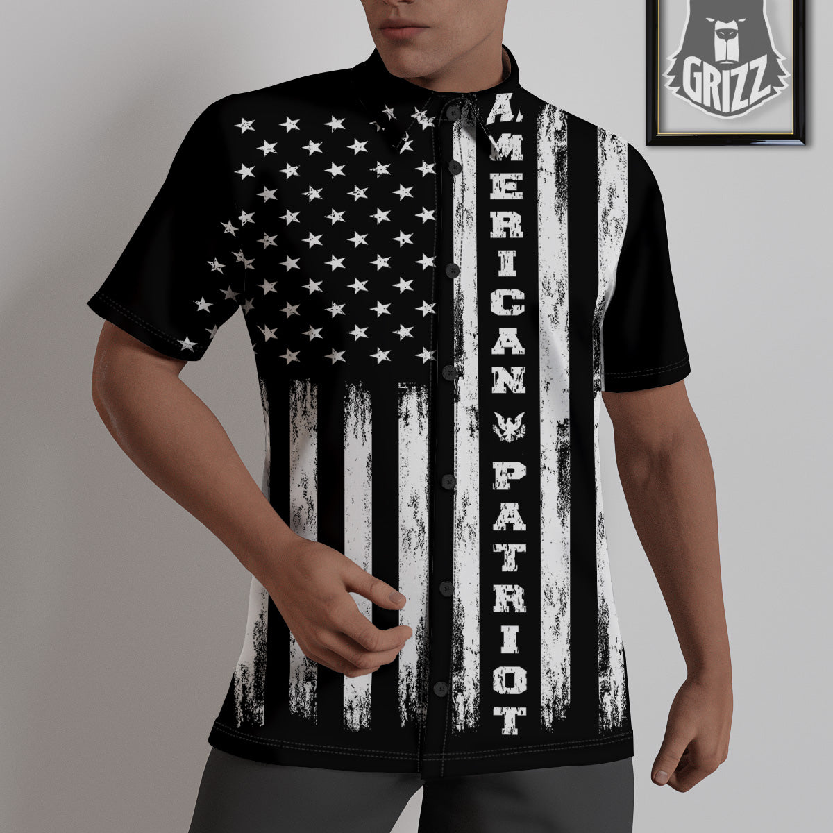 American Flag Grunge White And Black Print Untucked Shirts-grizzshop