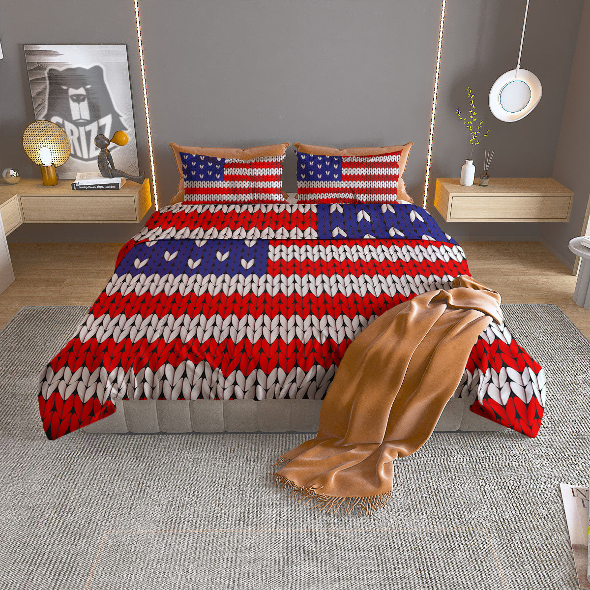 American Flag Knitted Print Duvet Cover Bedding Set
