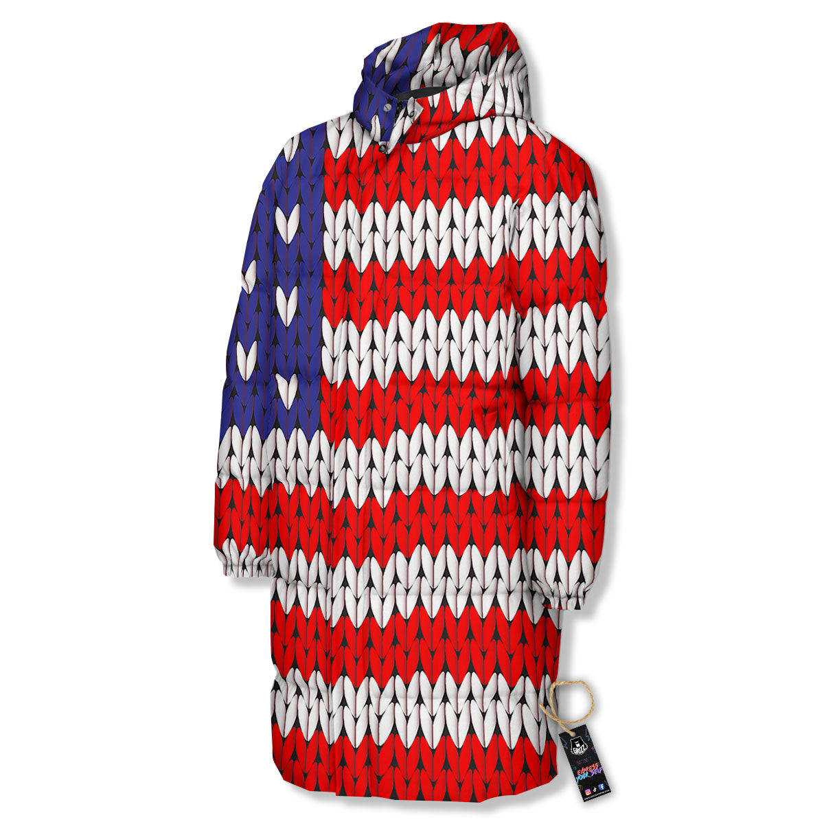 American Flag Knitted Print Long Down Jacket-grizzshop