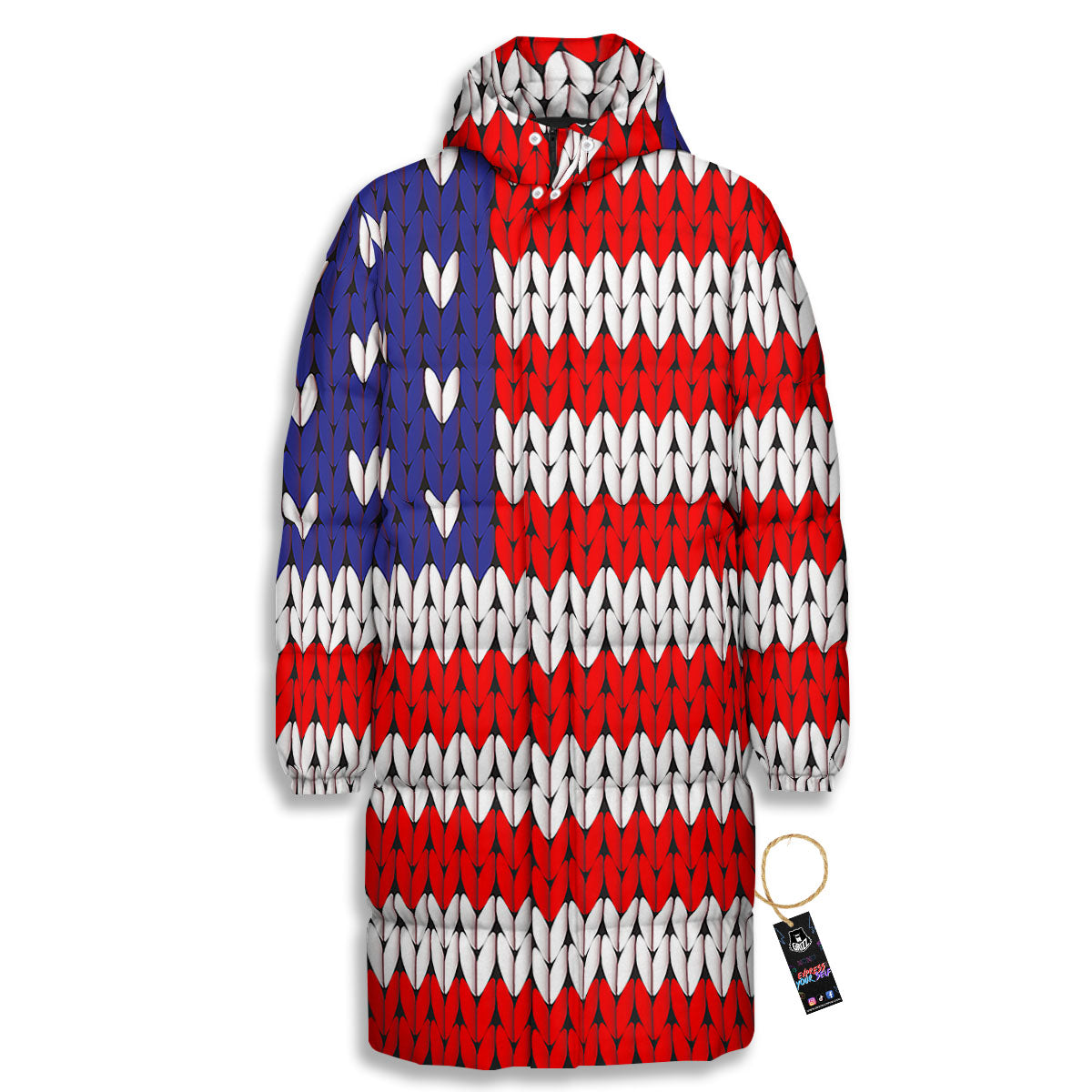 American Flag Knitted Print Long Down Jacket-grizzshop