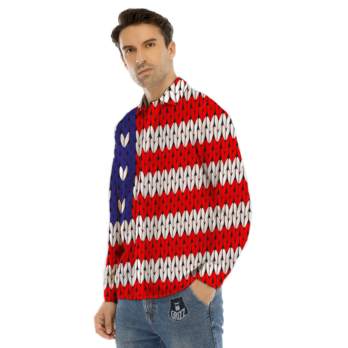 American Flag Knitted Print Men's Dress Shirts-grizzshop