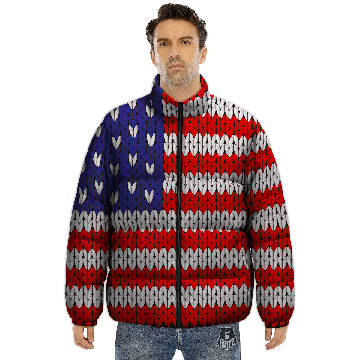 American Flag Knitted Print Puffer Jacket-grizzshop