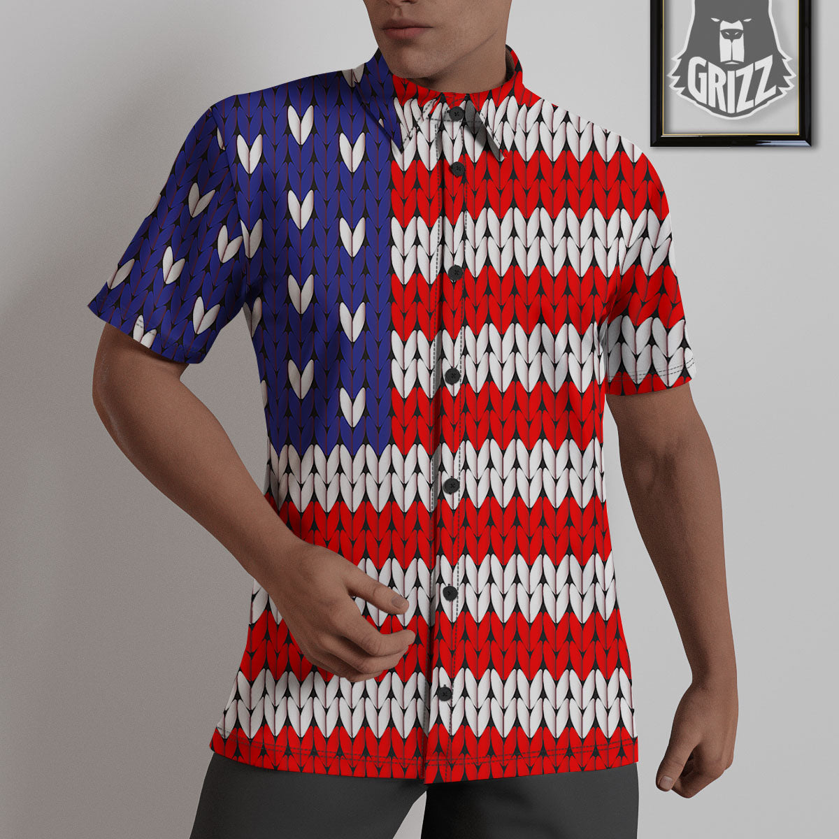 American Flag Knitted Print Untucked Shirts-grizzshop