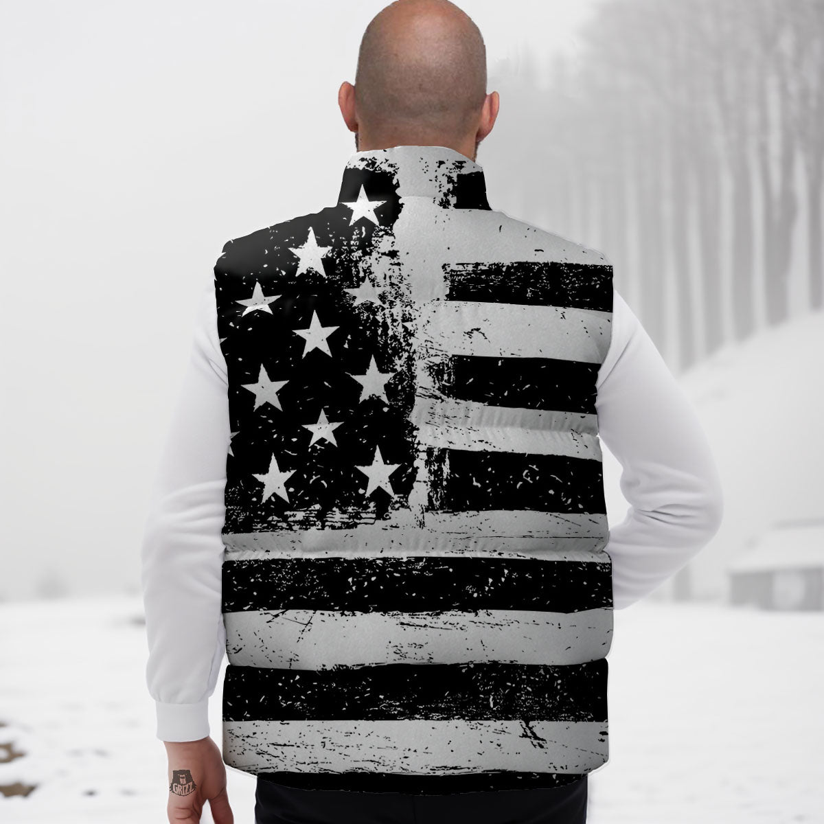 American Flag Monochrome Grunge Print Down Vest