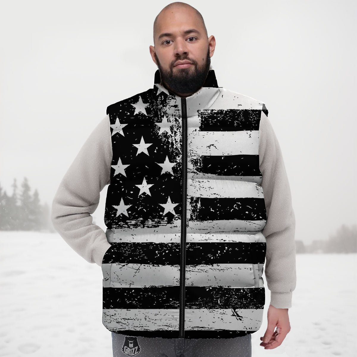 American Flag Monochrome Grunge Print Down Vest