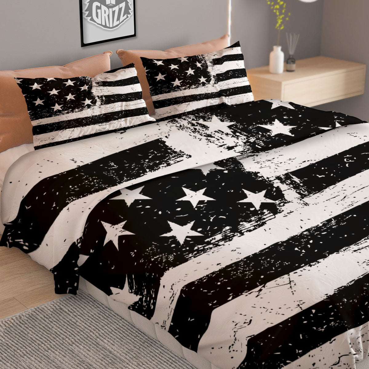 American Flag Monochrome Grunge Print Duvet Cover Bedding Set